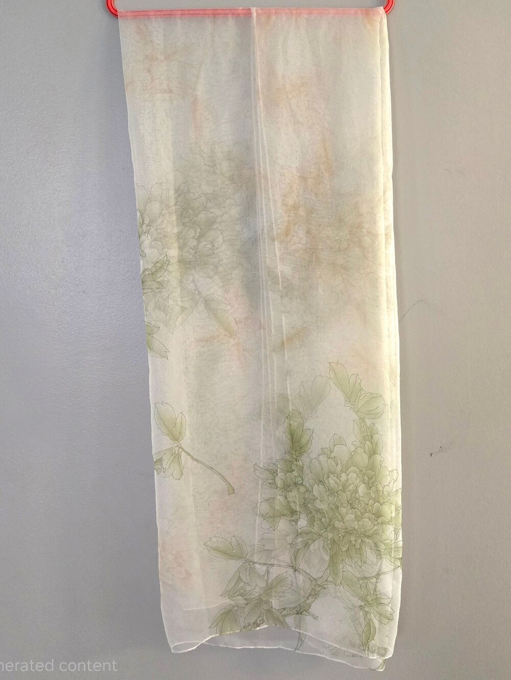 Oversized Silk Chiffon Scarf Wrap Sheer Sage Green Botanical Floral Shawl 46x74